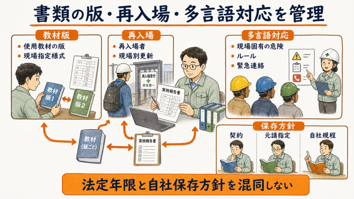 教材改訂・再入場・多言語資料の更新ルール図