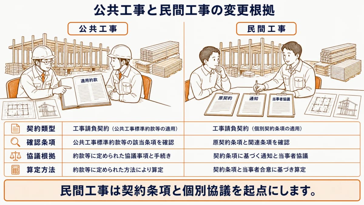 公共工事と民間工事の変更根拠・算定方法の比較