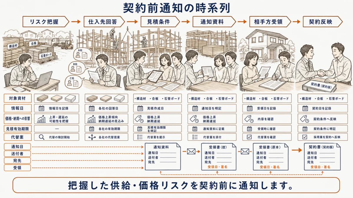 契約前のリスク把握・通知・受領・契約反映の時系列