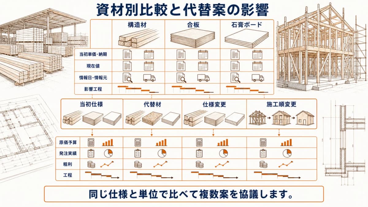 資材別比較と代替案・原価・粗利・工程影響を統合した図