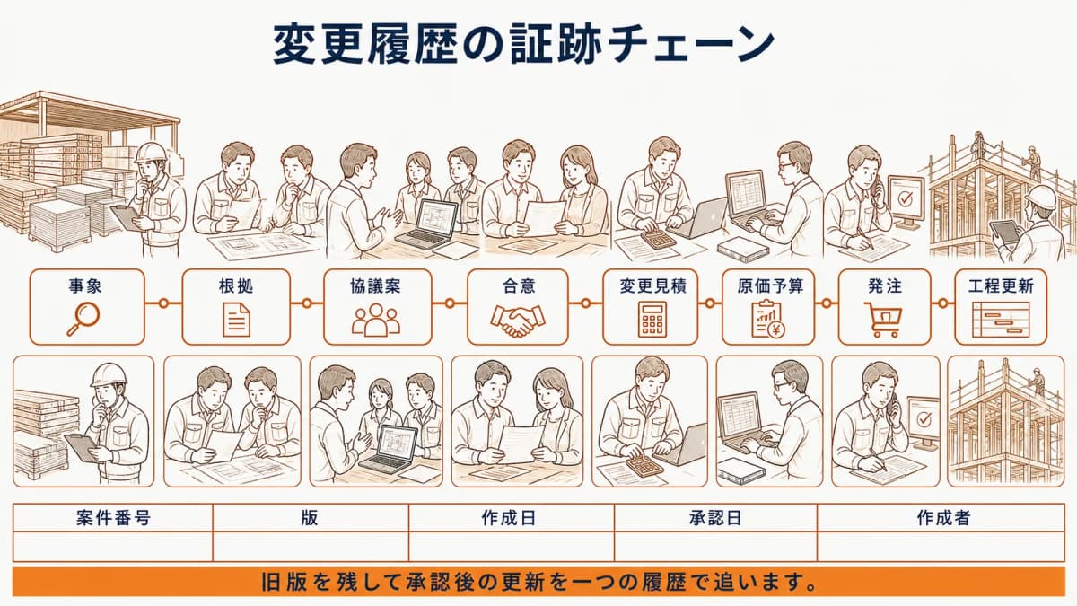 事象から協議・合意・見積・原価・発注・工程へ続く証跡チェーン
