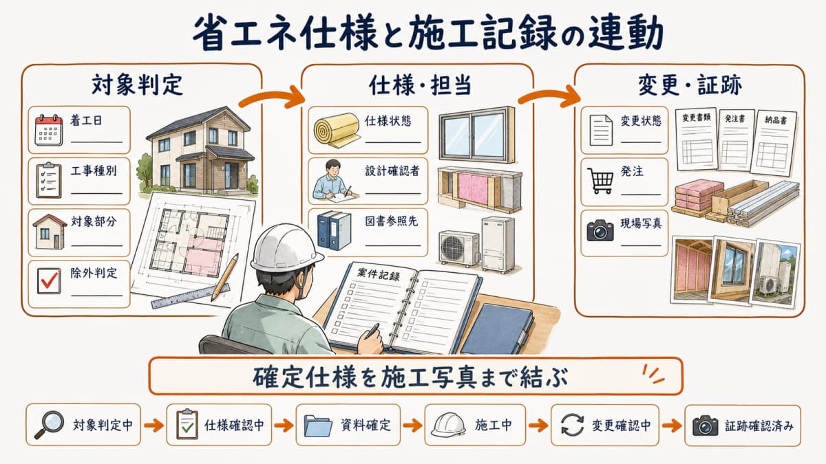 対象判定・省エネ仕様・担当・変更・施工写真のデータ対応図