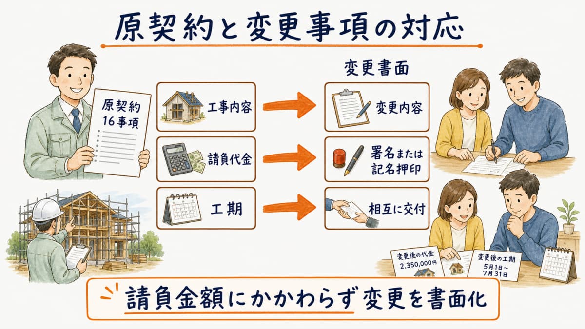 工事の原契約と追加工事で変更する事項を対応づける図