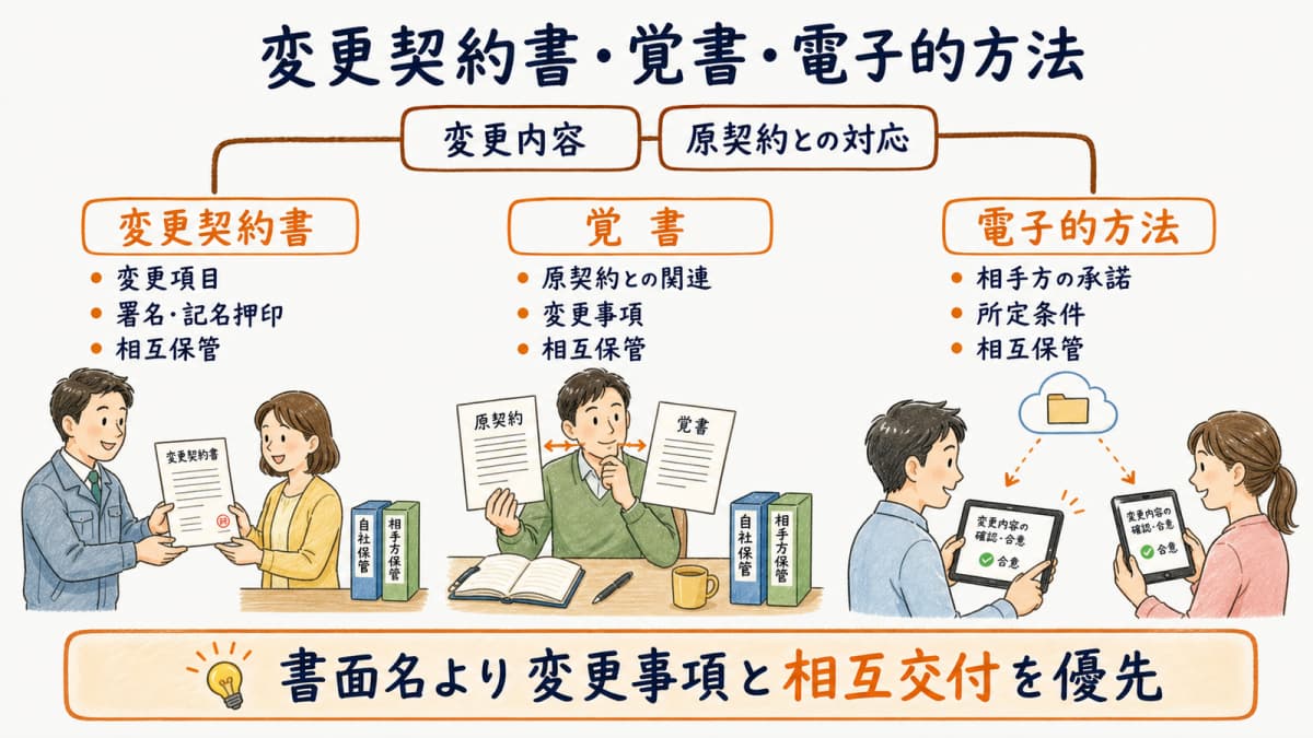 追加工事の変更契約書・覚書・電子的方法を比較する表