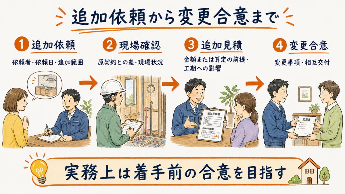 追加依頼・現場確認・見積改訂・変更合意をつなぐ工程図