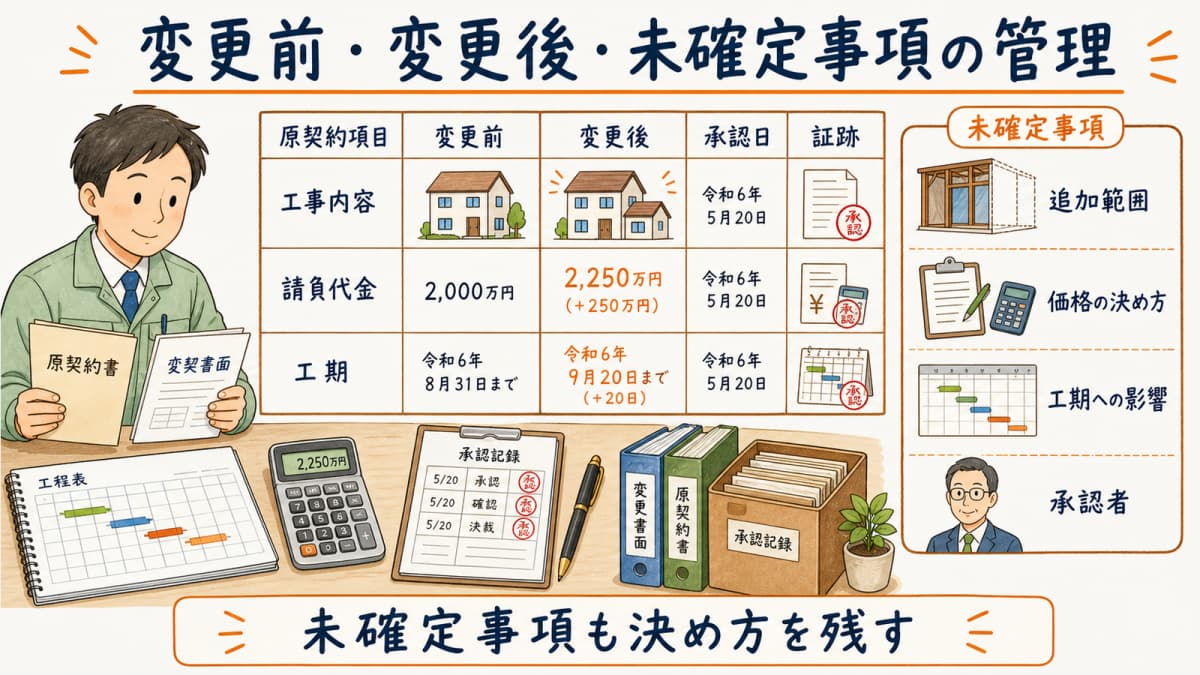 追加工事の変更前・変更後・未確定事項を整理する管理表