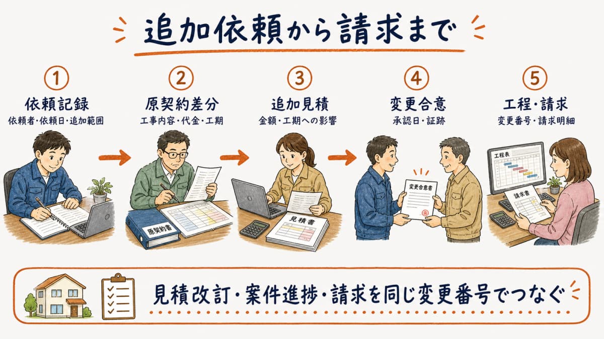 追加依頼から原契約差分・改訂見積・変更合意・請求までの5段階フロー