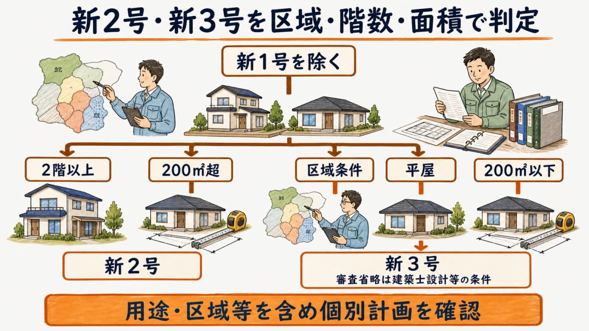 区域・階数・延べ面積から新2号・新3号を判定する表